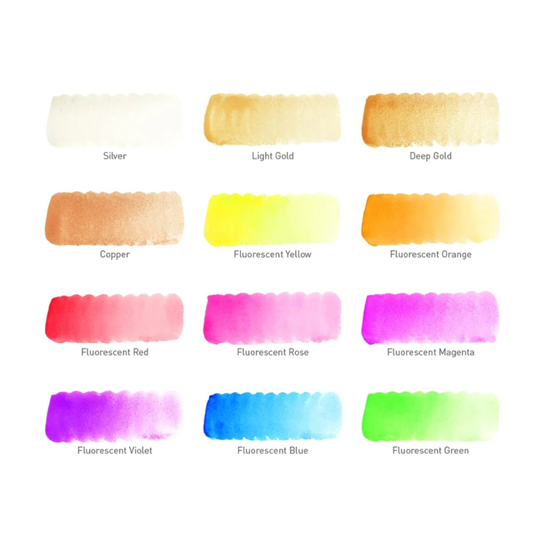 Acuarelas Koi 12 pastillas metálicas y fluorescentes
