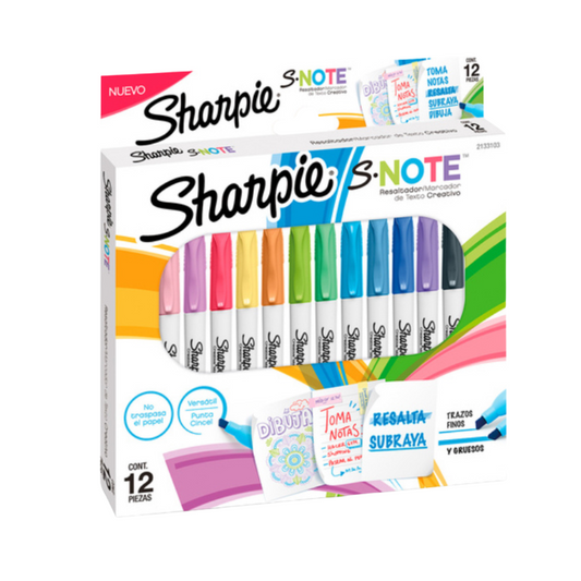 Marcatextos S-Note Sharpie Punta Cincel Colores 12 piezas