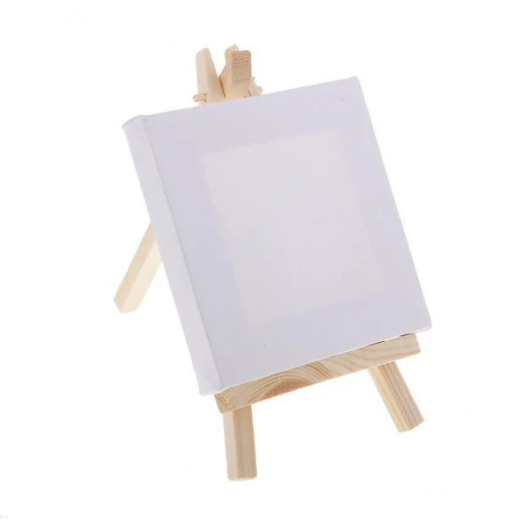 Set mini caballete de madera y mini bastidorbase 9cm x altura 15cm