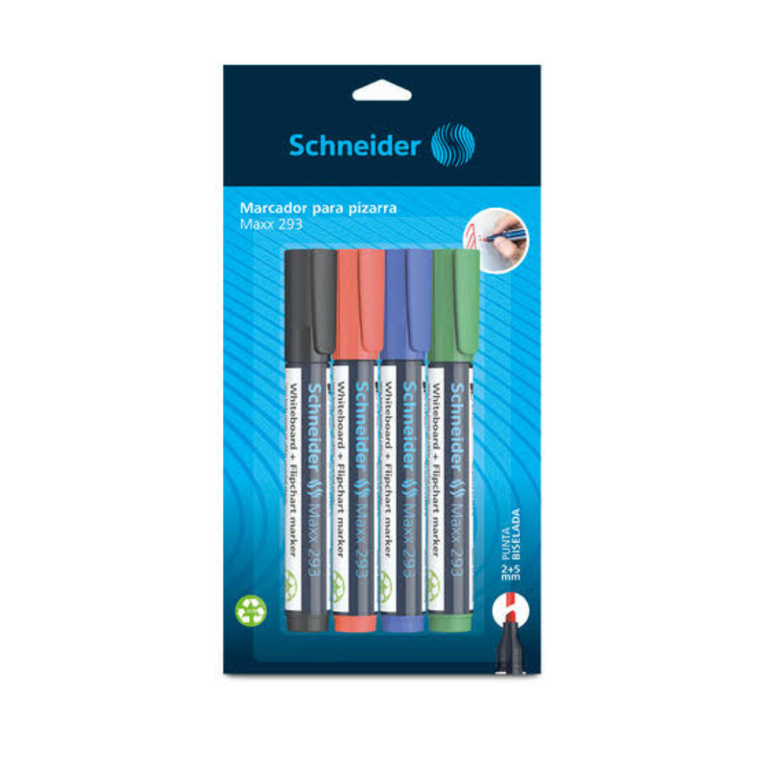 Paquete de marcadores para pizarrón c/4 Maxx 293 Schneider