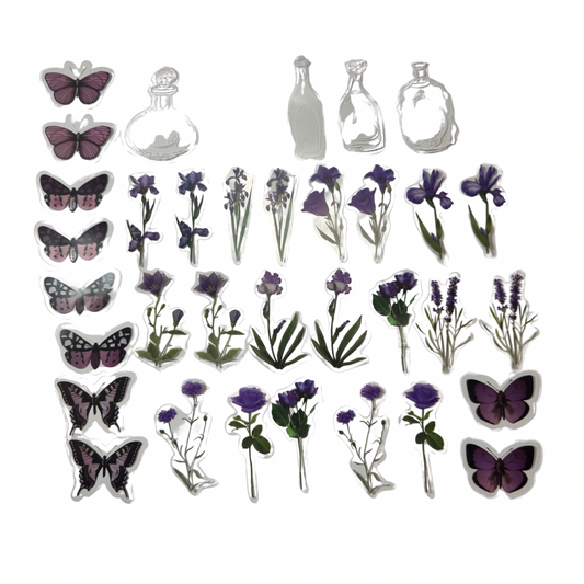 Stickers de flores moradas y mariposas