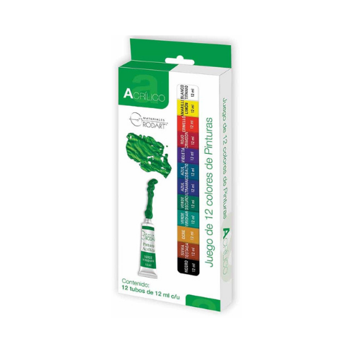 Juego de 12 colores de pinturas acrílicas en tubo 12ml c/u Rodart